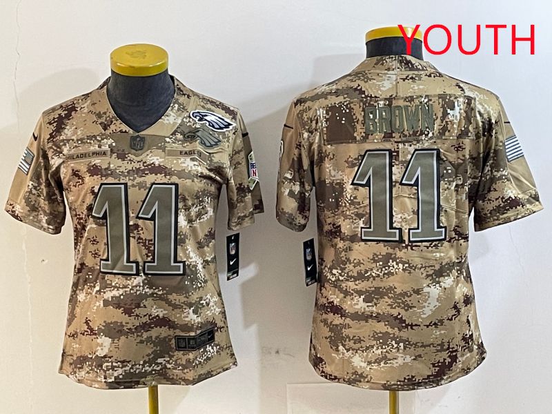 Youth Philadelphia Eagles 11 Brown Camo Nike 2025 Salute to Service Limited NFL Jersey style 4